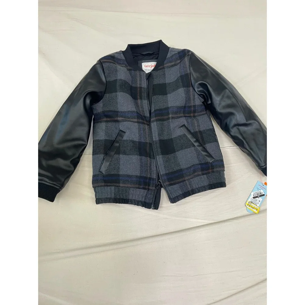 Cat & Jack Boys Plaid Bomber Jacket Faux Leather Sleeves Grey Black Size S 6/7